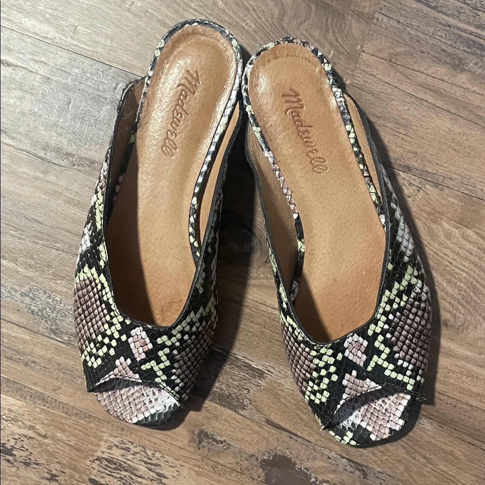 Madewell Snakeskin Peep-Toe Mules in Black and Cream